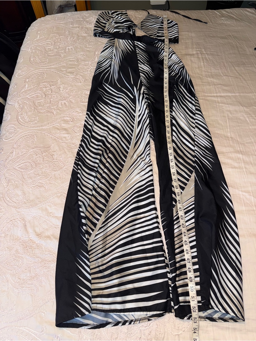 ChicMe Tropical Palm Print Cutout Wide Leg Jumpsuit Black Beige Size L - Picture 6 of 12